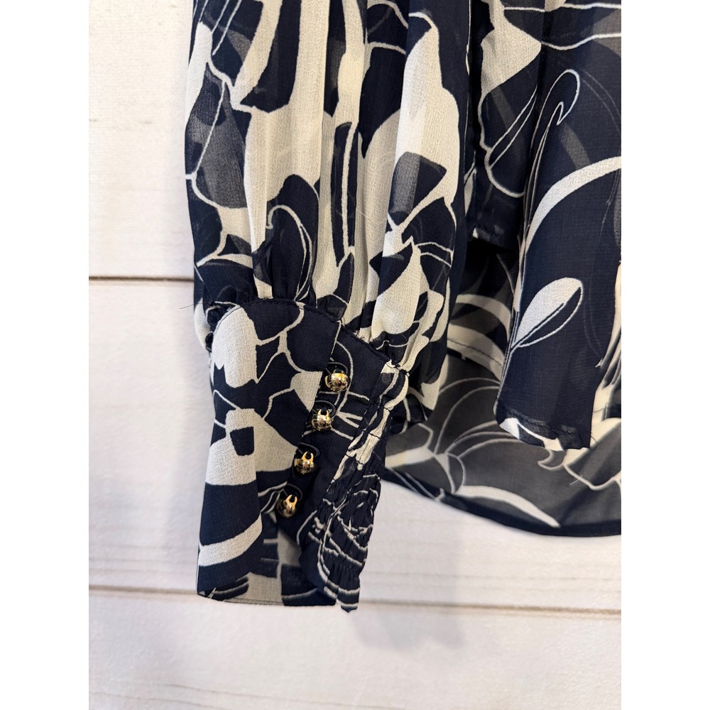 Chicos Navy White Floral Print Sheer Button Front Long Sleeve Blouse Top Size 16 - Picture 7 of 7